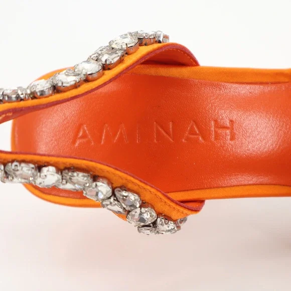 Aminah Abdul Jillil Soleil Women Slingback Rhinestone Stillet Orange Satin Sz 6M